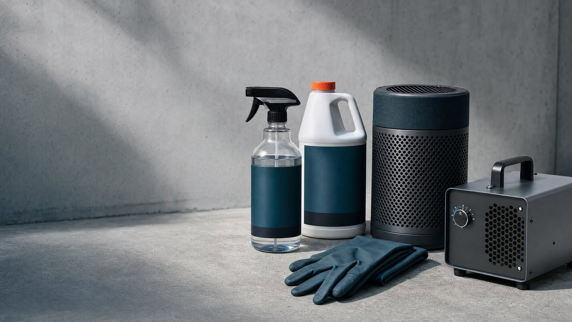 Professional odor remediation tools arranged on a slate surface